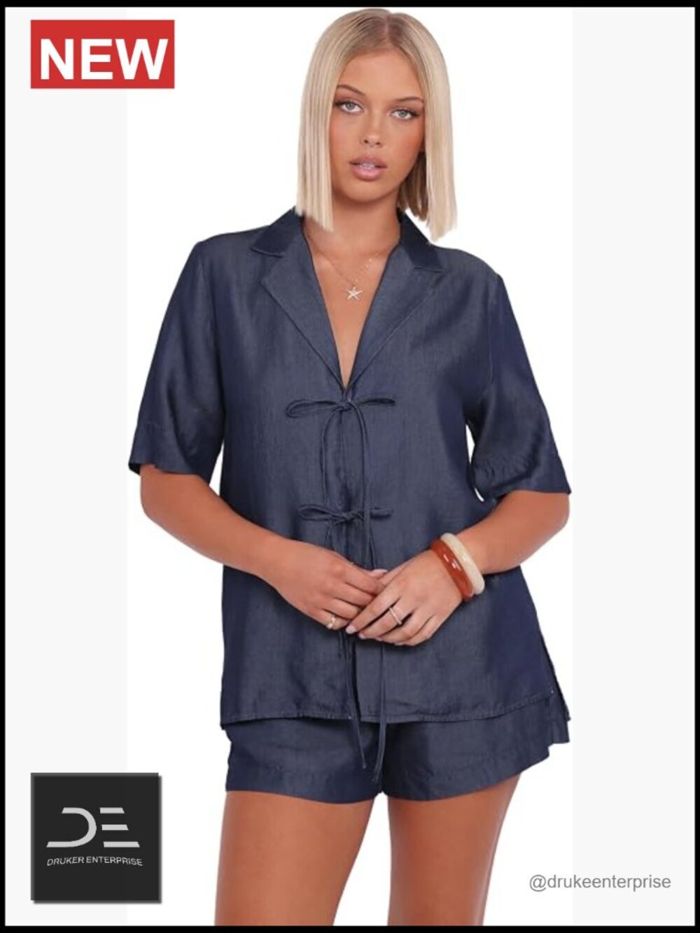 Chambray Tie Front Blouse with Spread Collar and Side Split, Short Sleeve